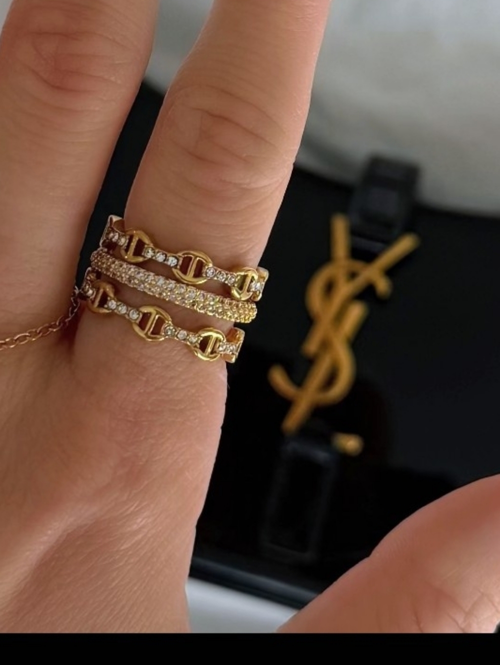 Designer Inspired Gold Plated Chain Link And Cubic Zirconia Stacked Rings